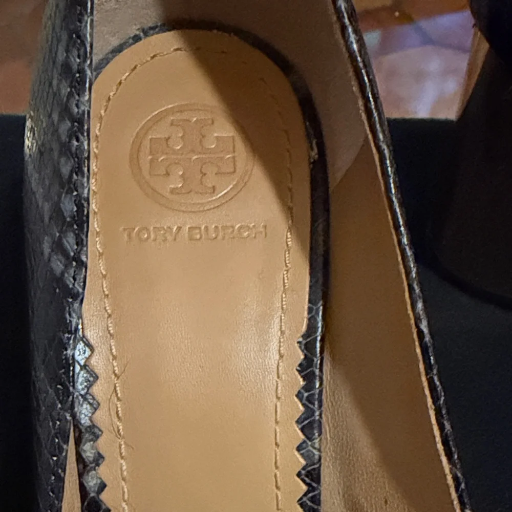 Tory Burch Black Textured Block Heel Loafer Pumps with Gold Accent